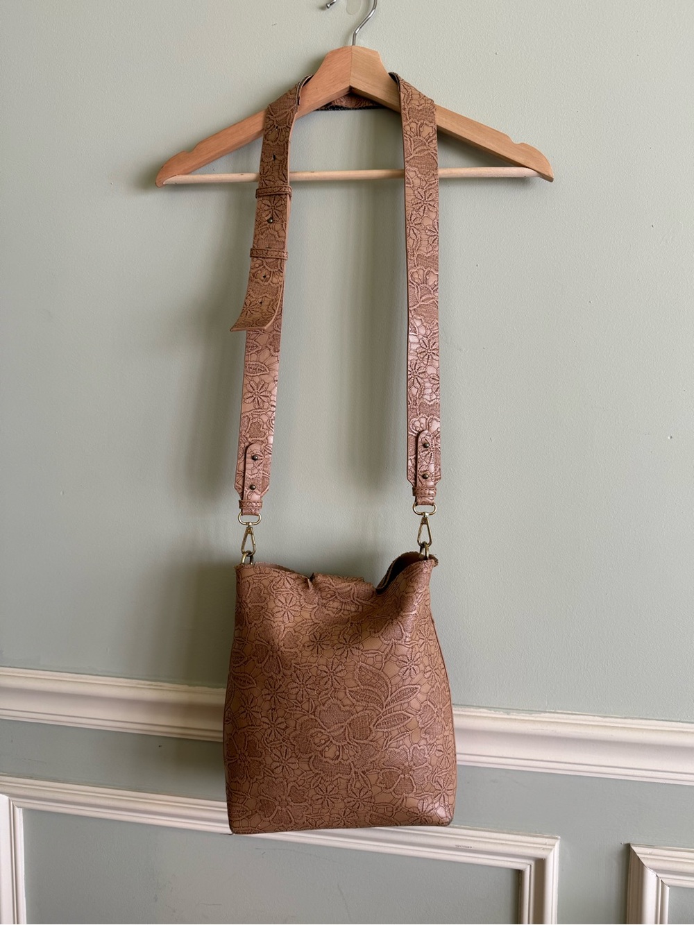 Anthropologie Embossed Floral Leather Crossbody Bag in Brown